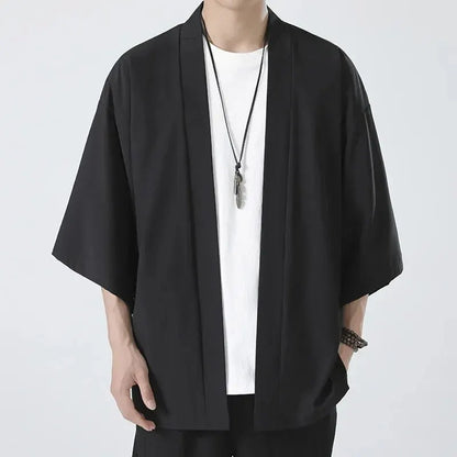 Men's Japanese Kimono Cardigan Shirt – Open Stitch Yukata, 3/4 Sleeve | XS–XXXL