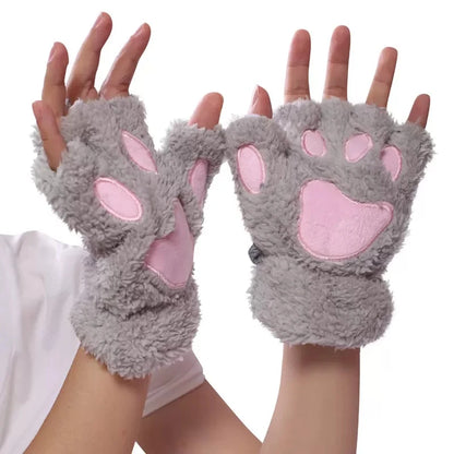 Cat Paw Plush Mittens – Cute Fingerless Fluffy Gloves for Women