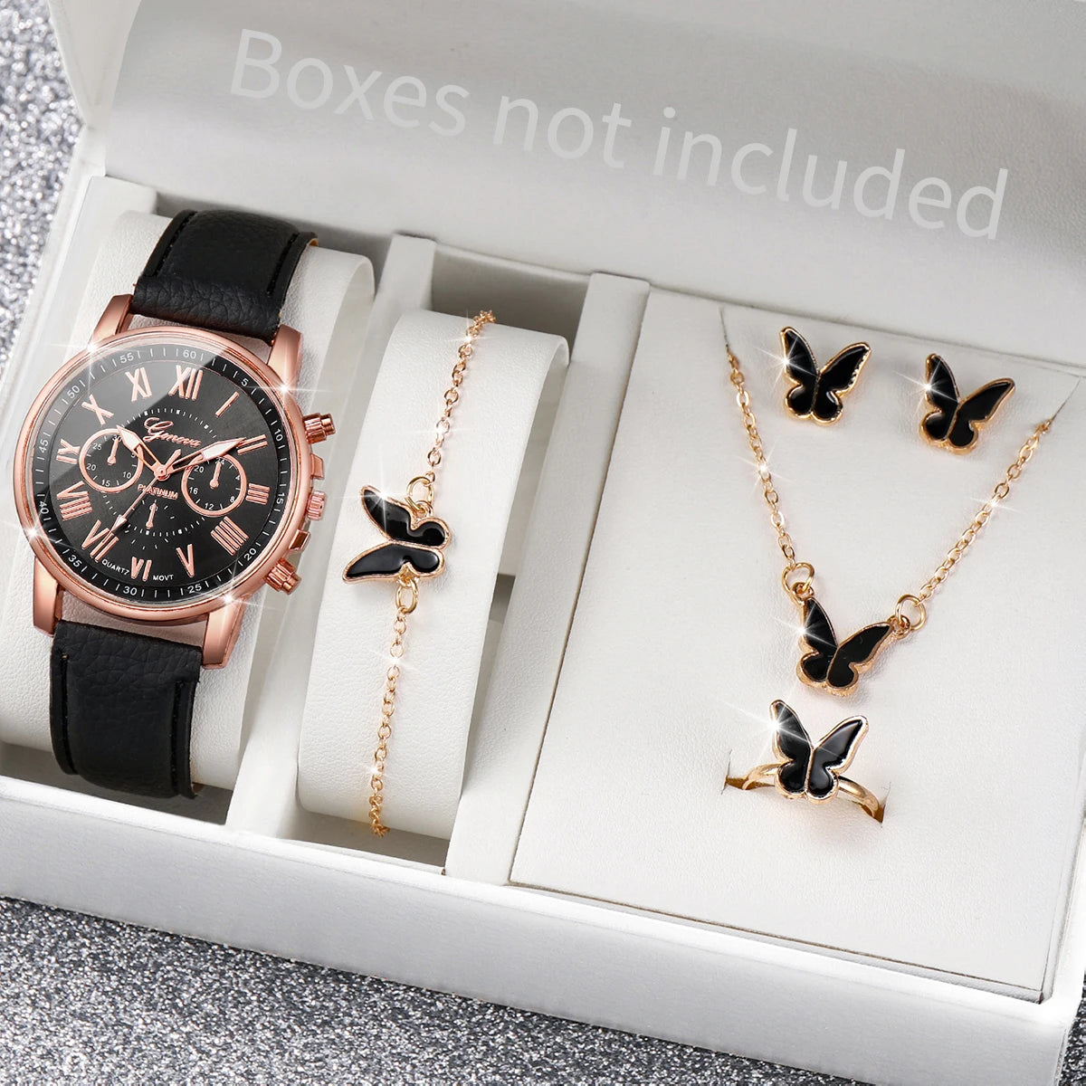 Women's Fashion Quartz Watch & Jewelry Set | 5/6pcs Heart Rhinestone Leather Band Wristwatch