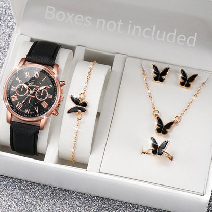 Women's Fashion Quartz Watch & Jewelry Set | 5/6pcs Heart Rhinestone Leather Band Wristwatch