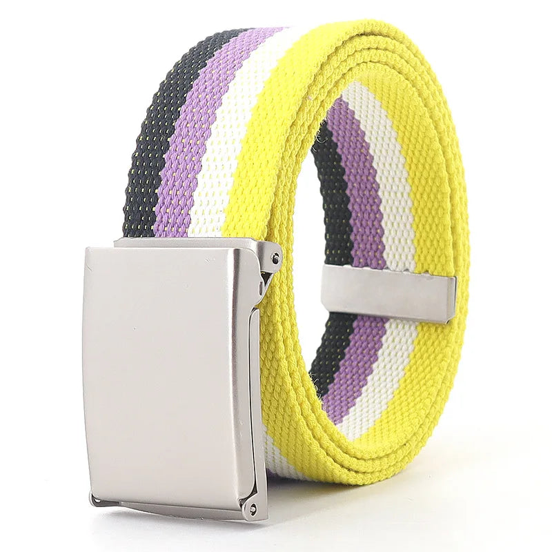Colorful Striped Canvas Belt – Unisex Military Buckle Waistband (3.8cm x 120cm)