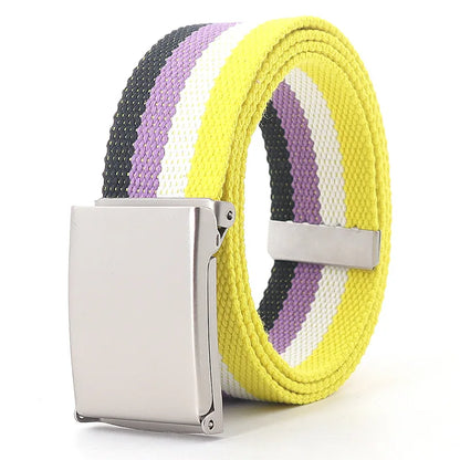 Colorful Striped Canvas Belt – Unisex Military Buckle Waistband (3.8cm x 120cm)