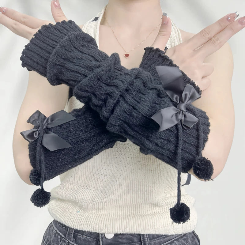 Girls' Red Knitted Arm Sleeves | Warm Sweet Fingerless Gloves for Christmas & New Year Gift