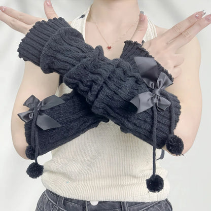 Girls' Red Knitted Arm Sleeves | Warm Sweet Fingerless Gloves for Christmas & New Year Gift