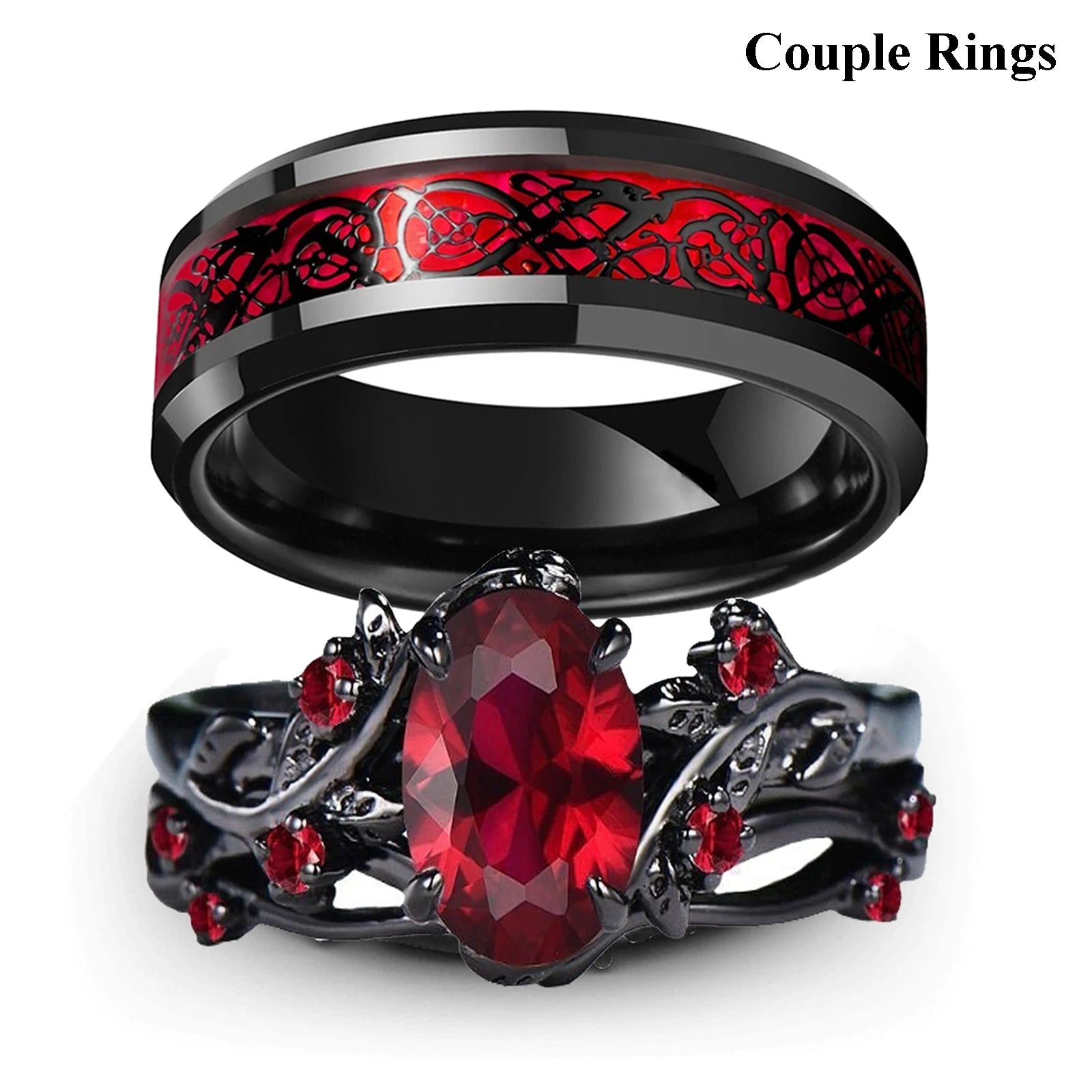 Charm Couple Rings Set | Women's Red Rhinestone Ring & Men's Stainless Steel Celtic Dragon Wedding Band - G - Catoure Charm Couple Rings Set | Women's Red Rhinestone Ring & Men's Stainless Steel Celtic Dragon Wedding Band