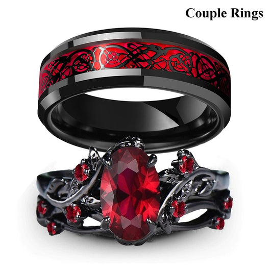 Charm Couple Rings Set | Women's Red Rhinestone Ring & Men's Stainless Steel Celtic Dragon Wedding Band - G - Catoure Charm Couple Rings Set | Women's Red Rhinestone Ring & Men's Stainless Steel Celtic Dragon Wedding Band