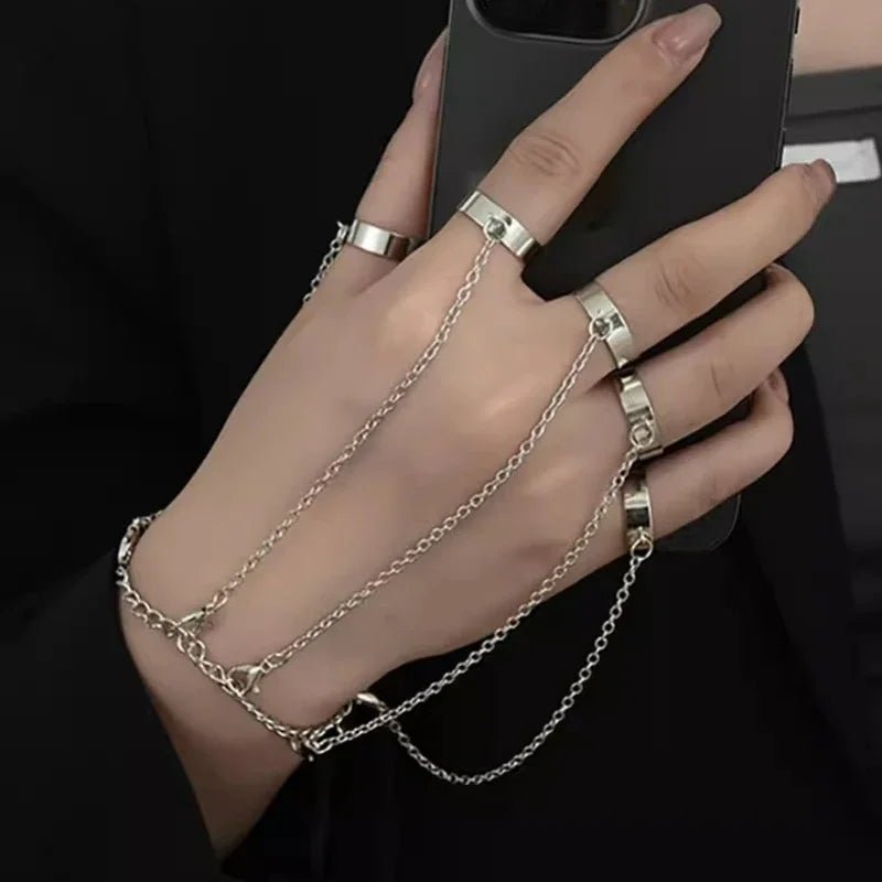 Obega Punk Geometric Chain Bracelet Ring – Open Link Ring for Women & Men | Silver & Black - G - Catoure Obega Punk Geometric Chain Bracelet Ring – Open Link Ring for Women & Men | Silver & Black Jewelry