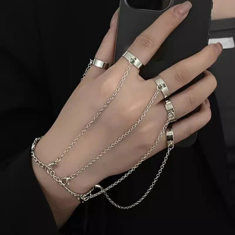 Obega Punk Geometric Chain Bracelet Ring – Open Link Ring for Women & Men | Silver & Black - G - Catoure Obega Punk Geometric Chain Bracelet Ring – Open Link Ring for Women & Men | Silver & Black Jewelry
