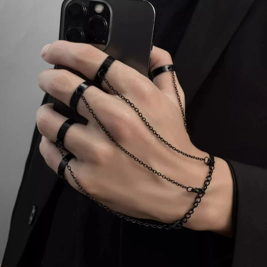 Obega Punk Geometric Chain Bracelet Ring – Open Link Ring for Women & Men | Silver & Black - G - Catoure Obega Punk Geometric Chain Bracelet Ring – Open Link Ring for Women & Men | Silver & Black Jewelry