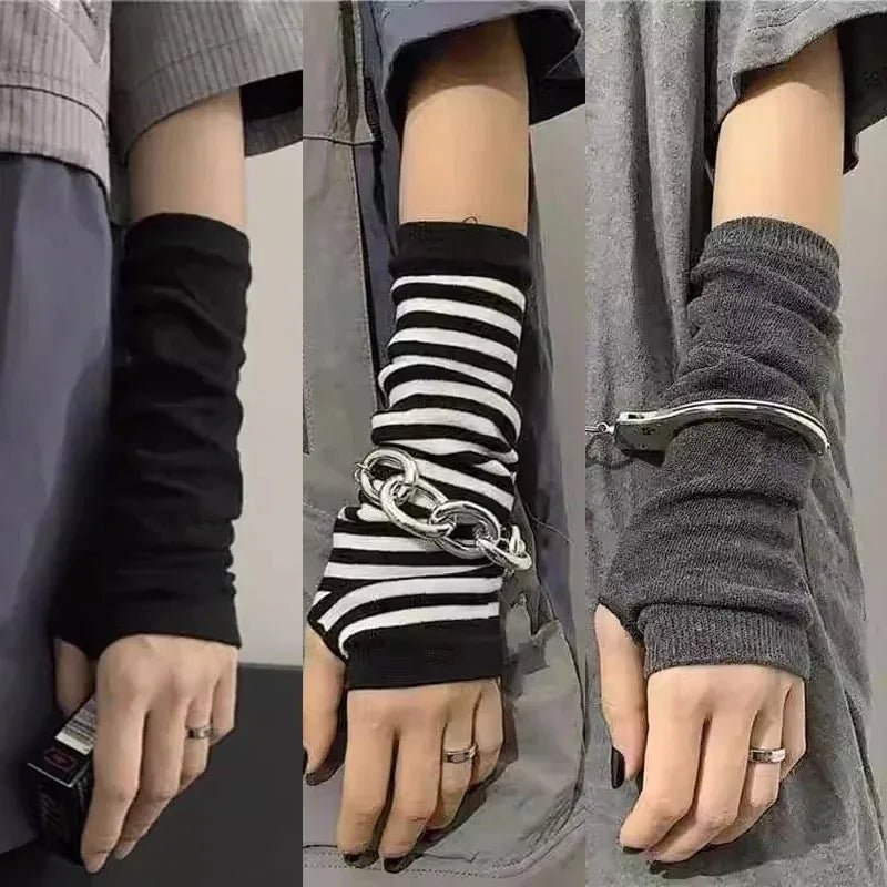 Unisex Gothic Lolita Arm Warmers | Harajuku Striped Fingerless Punk Long Wristband Y2K Gloves - G - Catoure Unisex Gothic Lolita Arm Warmers | Harajuku Striped Fingerless Punk Long Wristband Y2K Gloves