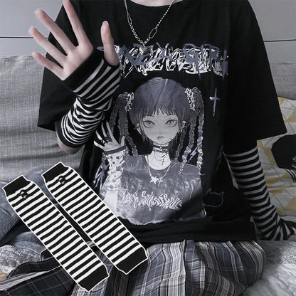 Unisex Gothic Lolita Arm Warmers | Harajuku Striped Fingerless Punk Long Wristband Y2K Gloves - G - Catoure Unisex Gothic Lolita Arm Warmers | Harajuku Striped Fingerless Punk Long Wristband Y2K Gloves