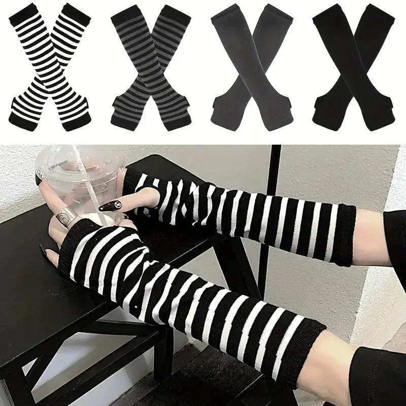 Unisex Gothic Lolita Arm Warmers | Harajuku Striped Fingerless Punk Long Wristband Y2K Gloves - G - Catoure Unisex Gothic Lolita Arm Warmers | Harajuku Striped Fingerless Punk Long Wristband Y2K Gloves