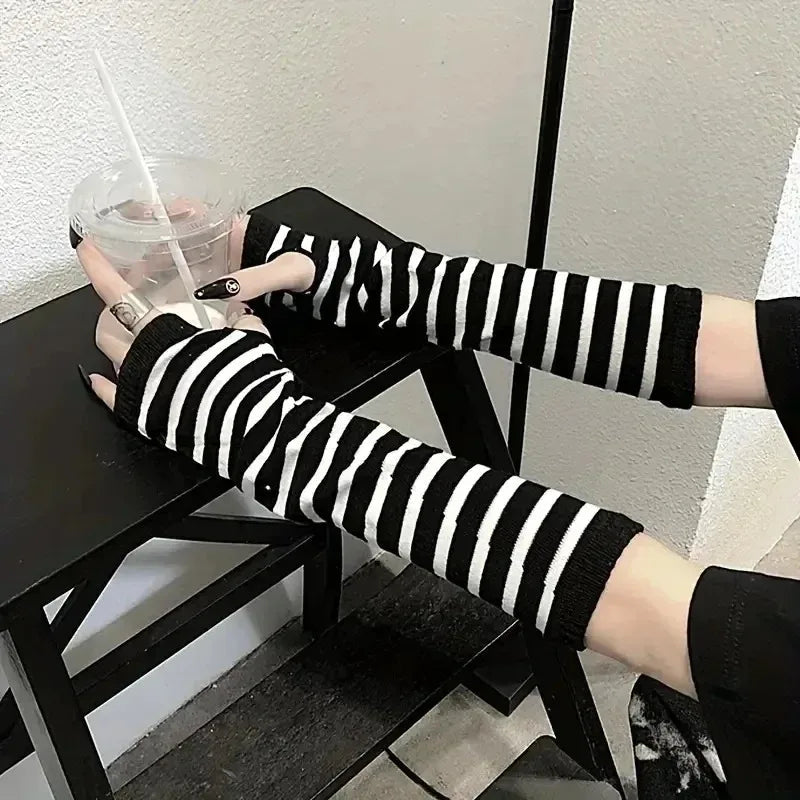 Unisex Gothic Lolita Arm Warmers | Harajuku Striped Fingerless Punk Long Wristband Y2K Gloves - G - Catoure Unisex Gothic Lolita Arm Warmers | Harajuku Striped Fingerless Punk Long Wristband Y2K Gloves