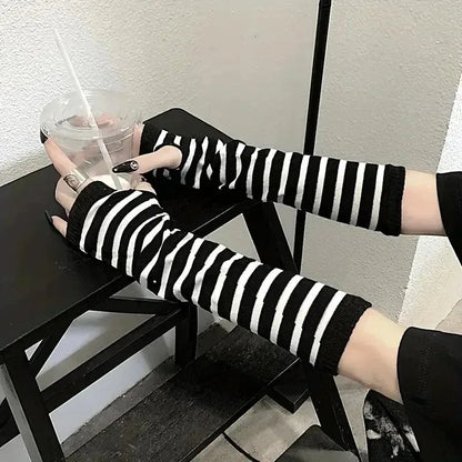 Unisex Gothic Lolita Arm Warmers | Harajuku Striped Fingerless Punk Long Wristband Y2K Gloves - G - Catoure Unisex Gothic Lolita Arm Warmers | Harajuku Striped Fingerless Punk Long Wristband Y2K Gloves