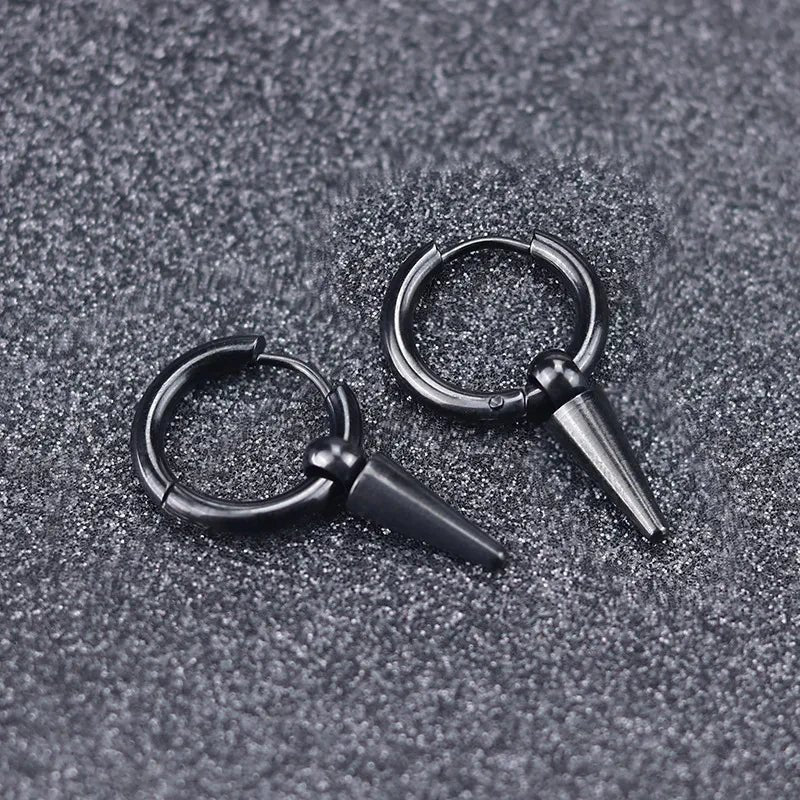 Unisex Rock Cone Pendant Hoop Earrings | Stainless Steel Geometric Cartilage Hip Hop Piercing Jewelry - G - Catoure Unisex Rock Cone Pendant Hoop Earrings | Stainless Steel Geometric Cartilage Hip Hop Piercing Jewelry
