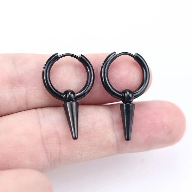 Unisex Rock Cone Pendant Hoop Earrings | Stainless Steel Geometric Cartilage Hip Hop Piercing Jewelry - G - Catoure Unisex Rock Cone Pendant Hoop Earrings | Stainless Steel Geometric Cartilage Hip Hop Piercing Jewelry