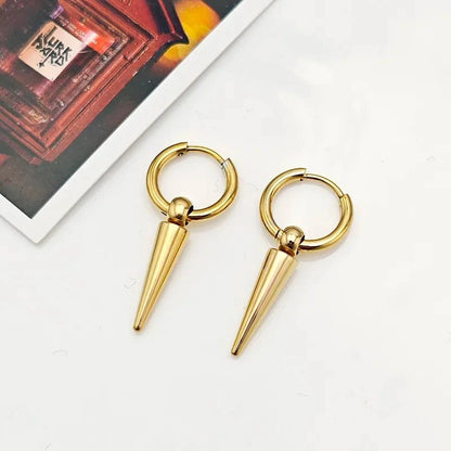 Unisex Rock Cone Pendant Hoop Earrings | Stainless Steel Geometric Cartilage Hip Hop Piercing Jewelry - G - Catoure Unisex Rock Cone Pendant Hoop Earrings | Stainless Steel Geometric Cartilage Hip Hop Piercing Jewelry