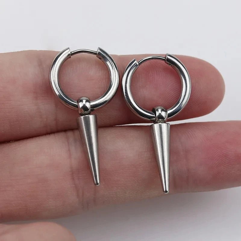 Unisex Rock Cone Pendant Hoop Earrings | Stainless Steel Geometric Cartilage Hip Hop Piercing Jewelry - G - Catoure Unisex Rock Cone Pendant Hoop Earrings | Stainless Steel Geometric Cartilage Hip Hop Piercing Jewelry