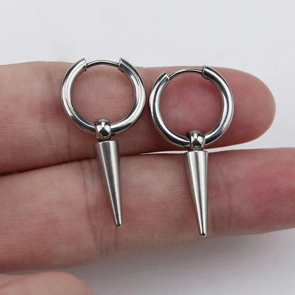 Unisex Rock Cone Pendant Hoop Earrings | Stainless Steel Geometric Cartilage Hip Hop Piercing Jewelry - G - Catoure Unisex Rock Cone Pendant Hoop Earrings | Stainless Steel Geometric Cartilage Hip Hop Piercing Jewelry