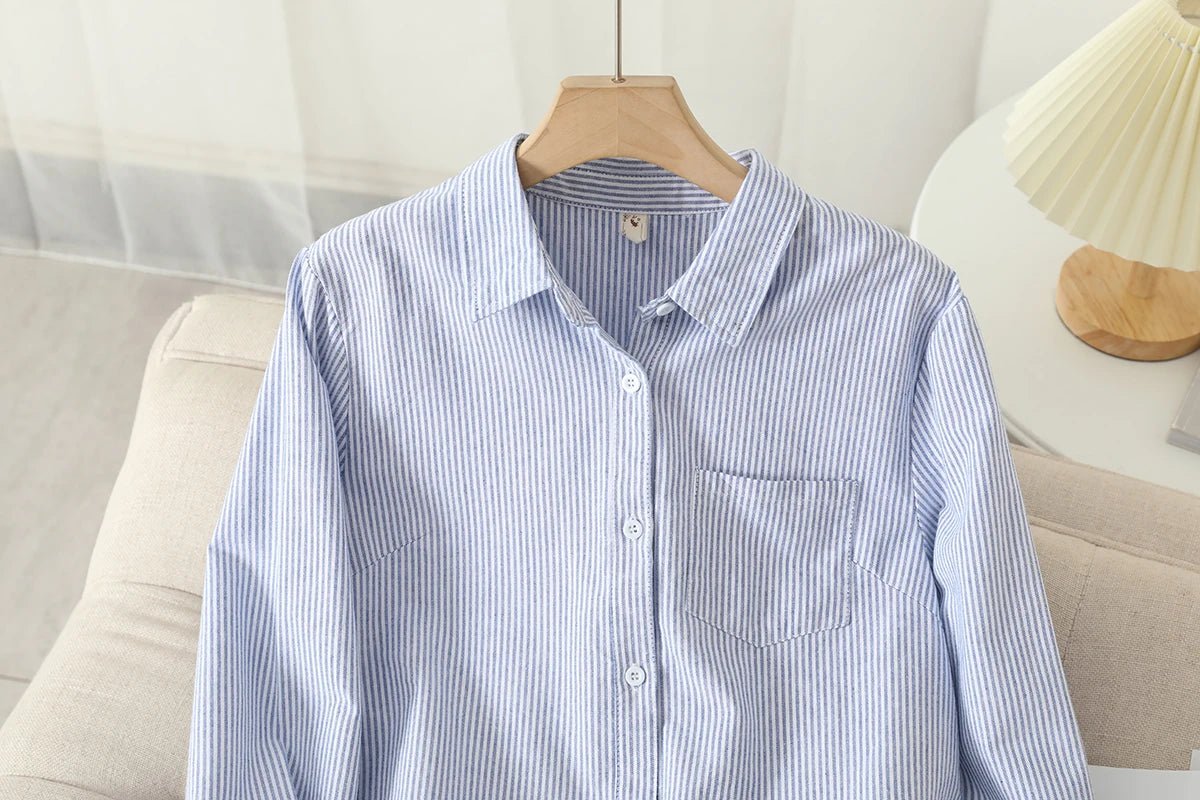 Women's Casual Cotton Oxford Shirt | Autumn Striped Blue & White Blouse & Top - G - Catoure Women's Casual Cotton Oxford Shirt | Autumn Striped Blue & White Blouse & Top