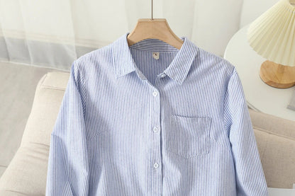 Women's Casual Cotton Oxford Shirt | Autumn Striped Blue & White Blouse & Top - G - Catoure Women's Casual Cotton Oxford Shirt | Autumn Striped Blue & White Blouse & Top