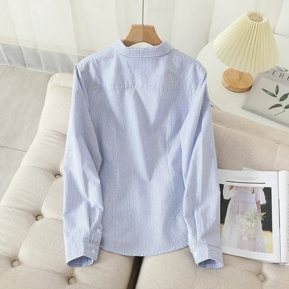 Women's Casual Cotton Oxford Shirt | Autumn Striped Blue & White Blouse & Top - G - Catoure Women's Casual Cotton Oxford Shirt | Autumn Striped Blue & White Blouse & Top