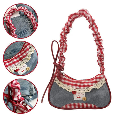 Women's Fashion Grid Shoulder Bag | Lace Ribbon Strap Underarm Handbag for Daily Commuting & Students - G - Catoure Women's Fashion Grid Shoulder Bag | Lace Ribbon Strap Underarm Handbag for Daily Commuting & Students Accessories