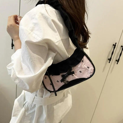 Women's Fashion Grid Shoulder Bag | Lace Ribbon Strap Underarm Handbag for Daily Commuting & Students - G - Catoure Women's Fashion Grid Shoulder Bag | Lace Ribbon Strap Underarm Handbag for Daily Commuting & Students Accessories