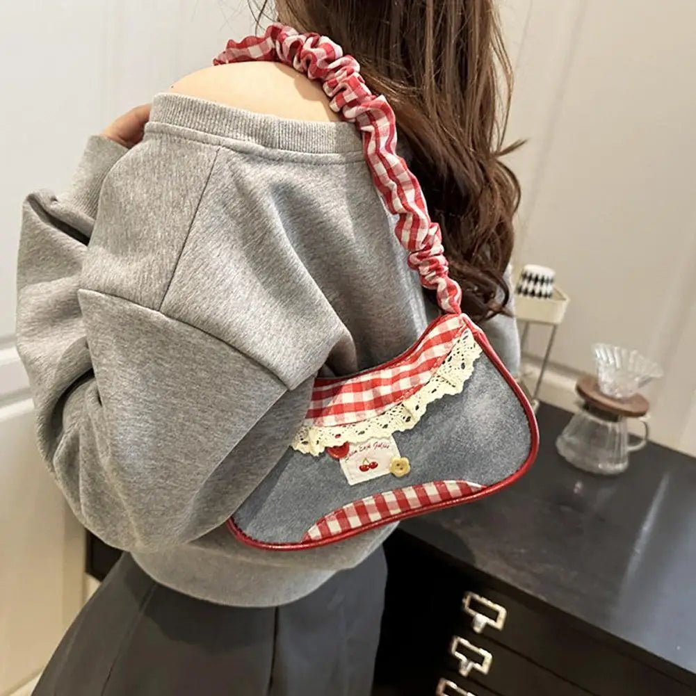 Women's Fashion Grid Shoulder Bag | Lace Ribbon Strap Underarm Handbag for Daily Commuting & Students - G - Catoure Women's Fashion Grid Shoulder Bag | Lace Ribbon Strap Underarm Handbag for Daily Commuting & Students Accessories