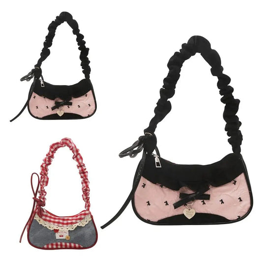 Women's Fashion Grid Shoulder Bag | Lace Ribbon Strap Underarm Handbag for Daily Commuting & Students - G - Catoure Women's Fashion Grid Shoulder Bag | Lace Ribbon Strap Underarm Handbag for Daily Commuting & Students Accessories