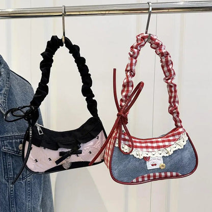 Women's Fashion Grid Shoulder Bag | Lace Ribbon Strap Underarm Handbag for Daily Commuting & Students - G - Catoure Women's Fashion Grid Shoulder Bag | Lace Ribbon Strap Underarm Handbag for Daily Commuting & Students Accessories