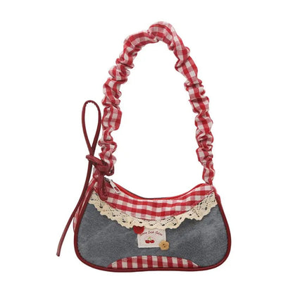 Women's Fashion Grid Shoulder Bag | Lace Ribbon Strap Underarm Handbag for Daily Commuting & Students - G - Catoure Women's Fashion Grid Shoulder Bag | Lace Ribbon Strap Underarm Handbag for Daily Commuting & Students Accessories