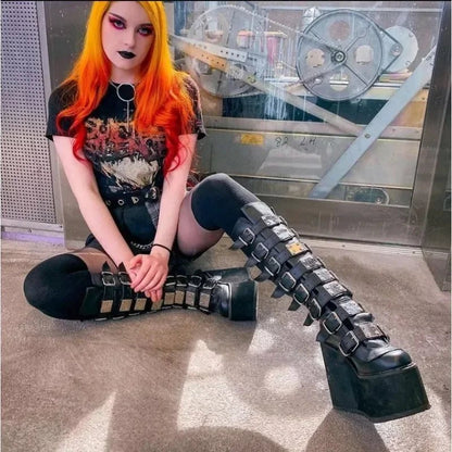 Women's Gothic Platform Wedge Mid - Calf Boots – Buckle Strap PU Leather | EU 35–43, 3 Colors - G - Catoure Women's Gothic Platform Wedge Mid - Calf Boots – Buckle Strap PU Leather | EU 35–43, 3 Colors Women's Boots