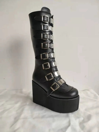 Women's Gothic Platform Wedge Mid - Calf Boots – Buckle Strap PU Leather | EU 35–43, 3 Colors - G - Catoure Women's Gothic Platform Wedge Mid - Calf Boots – Buckle Strap PU Leather | EU 35–43, 3 Colors Women's Boots