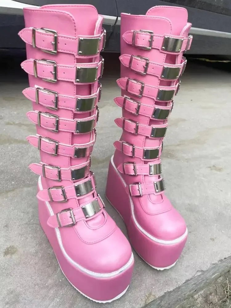 Women's Gothic Platform Wedge Mid - Calf Boots – Buckle Strap PU Leather | EU 35–43, 3 Colors - G - Catoure Women's Gothic Platform Wedge Mid - Calf Boots – Buckle Strap PU Leather | EU 35–43, 3 Colors Women's Boots