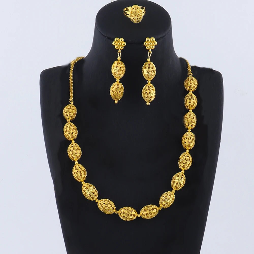 Women's Indian African Ethiopian Jewelry Set | Gold Color Hollow Oval Necklace, Earrings & Ring - G - Catoure Women's Indian African Ethiopian Jewelry Set | Gold Color Hollow Oval Necklace, Earrings & Ring