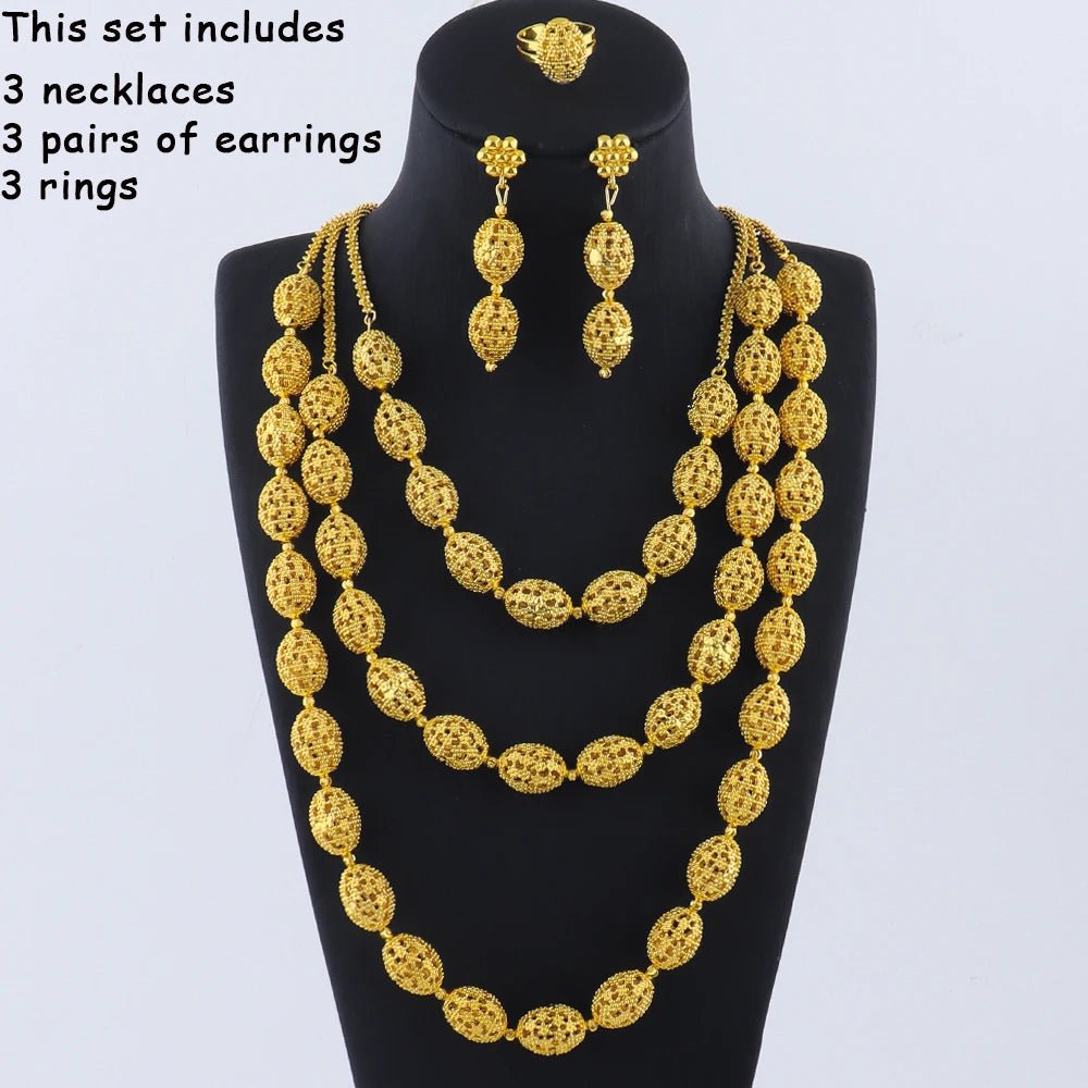 Women's Indian African Ethiopian Jewelry Set | Gold Color Hollow Oval Necklace, Earrings & Ring - G - Catoure Women's Indian African Ethiopian Jewelry Set | Gold Color Hollow Oval Necklace, Earrings & Ring