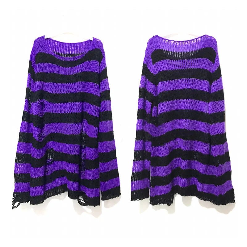 Women's Punk Gothic Hollow Out Sweater | Unisex Striped Loose Rock Dark Streetwear Top - G - Catoure Women's Punk Gothic Hollow Out Sweater | Unisex Striped Loose Rock Dark Streetwear Top