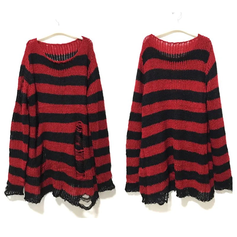 Women's Punk Gothic Hollow Out Sweater | Unisex Striped Loose Rock Dark Streetwear Top - G - Catoure Women's Punk Gothic Hollow Out Sweater | Unisex Striped Loose Rock Dark Streetwear Top