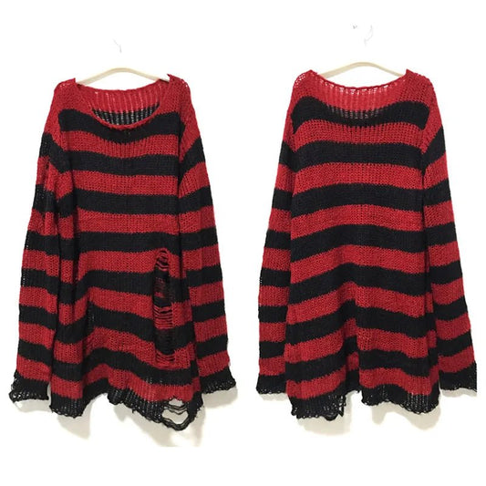 Women's Punk Gothic Hollow Out Sweater | Unisex Striped Loose Rock Dark Streetwear Top - G - Catoure Women's Punk Gothic Hollow Out Sweater | Unisex Striped Loose Rock Dark Streetwear Top