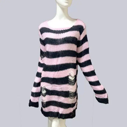 Women's Punk Gothic Hollow Out Sweater | Unisex Striped Loose Rock Dark Streetwear Top - G - Catoure Women's Punk Gothic Hollow Out Sweater | Unisex Striped Loose Rock Dark Streetwear Top