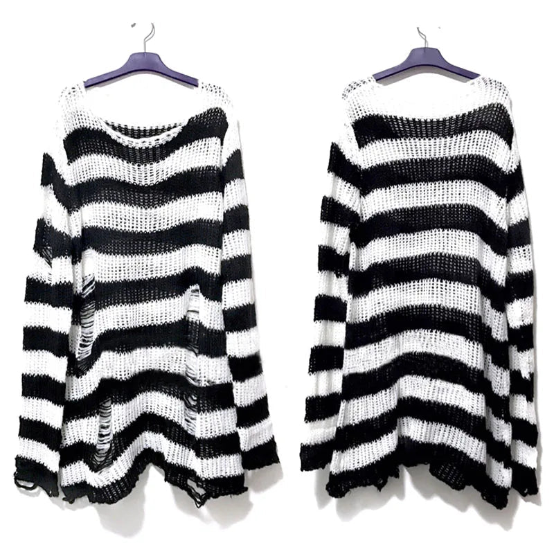 Women's Punk Gothic Hollow Out Sweater | Unisex Striped Loose Rock Dark Streetwear Top - G - Catoure Women's Punk Gothic Hollow Out Sweater | Unisex Striped Loose Rock Dark Streetwear Top