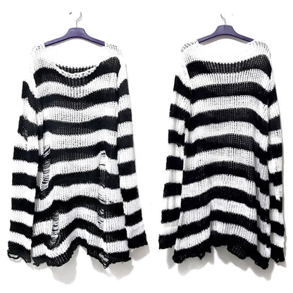 Women's Punk Gothic Hollow Out Sweater | Unisex Striped Loose Rock Dark Streetwear Top - G - Catoure Women's Punk Gothic Hollow Out Sweater | Unisex Striped Loose Rock Dark Streetwear Top