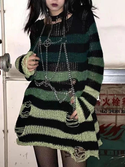 Women's Punk Gothic Hollow Out Sweater | Unisex Striped Loose Rock Dark Streetwear Top - G - Catoure Women's Punk Gothic Hollow Out Sweater | Unisex Striped Loose Rock Dark Streetwear Top