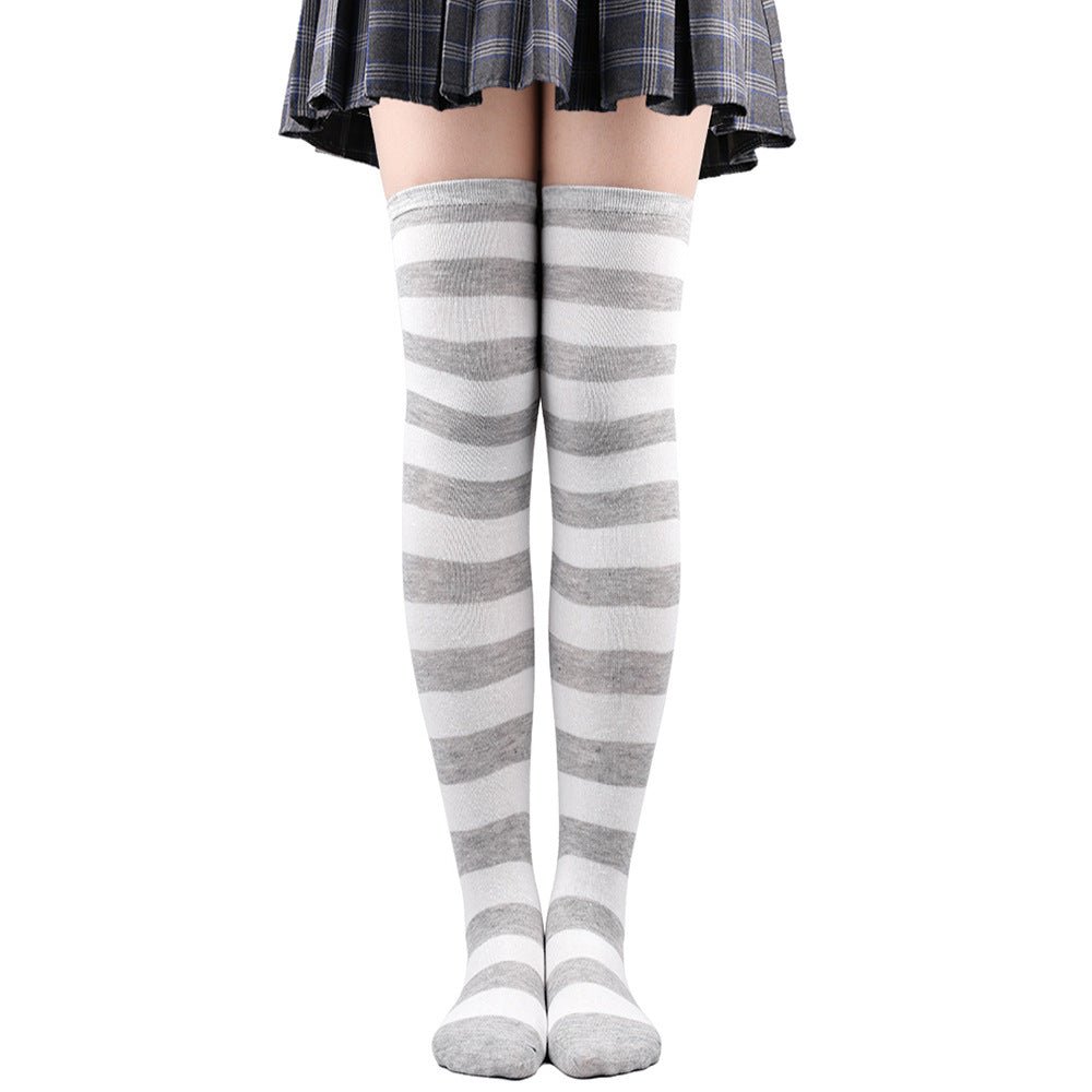 Women's Striped Thigh High Stockings | Black, White & Pink Over - Knee Lolita Harajuku Y2K Socks - G - Catoure Women's Striped Thigh High Stockings | Black, White & Pink Over - Knee Lolita Harajuku Y2K Socks