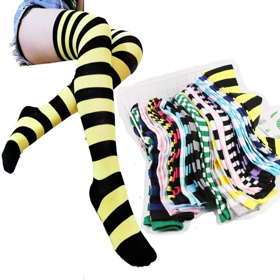 Women's Striped Thigh High Stockings | Black, White & Pink Over - Knee Lolita Harajuku Y2K Socks - G - Catoure Women's Striped Thigh High Stockings | Black, White & Pink Over - Knee Lolita Harajuku Y2K Socks