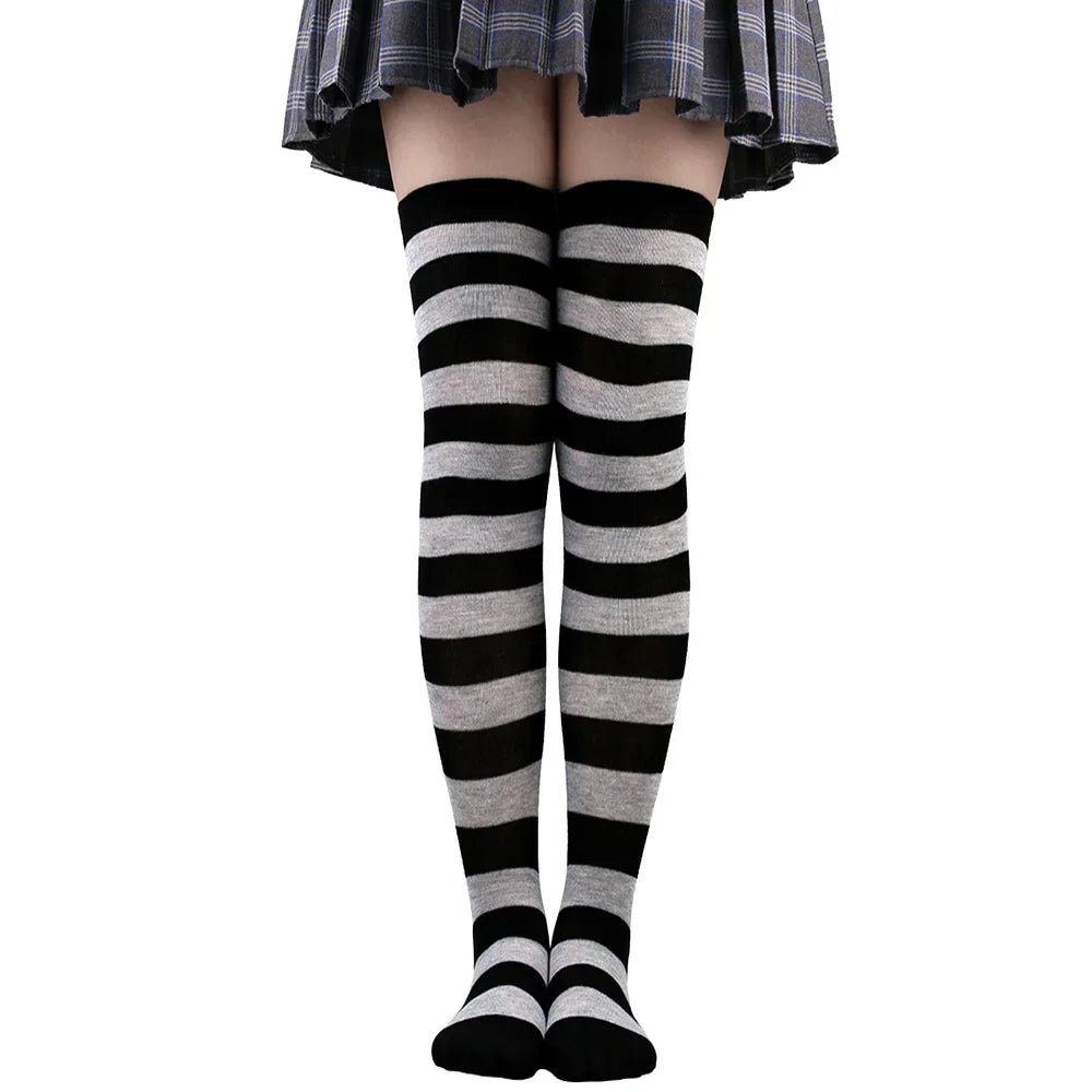 Women's Striped Thigh High Stockings | Black, White & Pink Over - Knee Lolita Harajuku Y2K Socks - G - Catoure Women's Striped Thigh High Stockings | Black, White & Pink Over - Knee Lolita Harajuku Y2K Socks