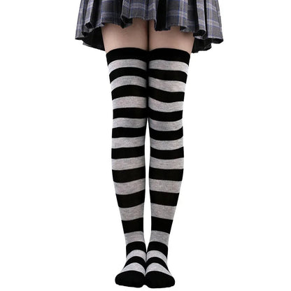 Women's Striped Thigh High Stockings | Black, White & Pink Over - Knee Lolita Harajuku Y2K Socks - G - Catoure Women's Striped Thigh High Stockings | Black, White & Pink Over - Knee Lolita Harajuku Y2K Socks