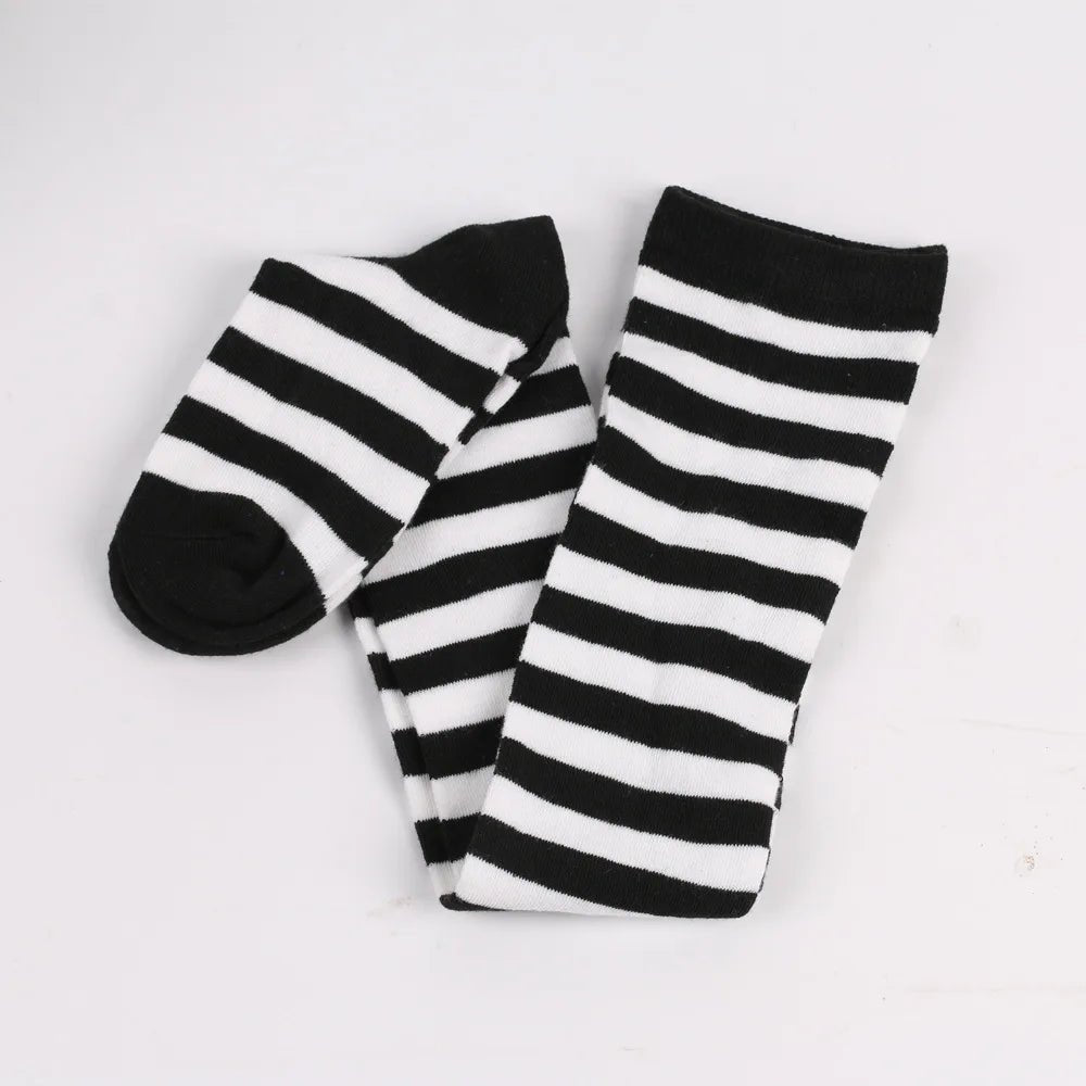 Women's Striped Thigh High Stockings | Black, White & Pink Over - Knee Lolita Harajuku Y2K Socks - G - Catoure Women's Striped Thigh High Stockings | Black, White & Pink Over - Knee Lolita Harajuku Y2K Socks