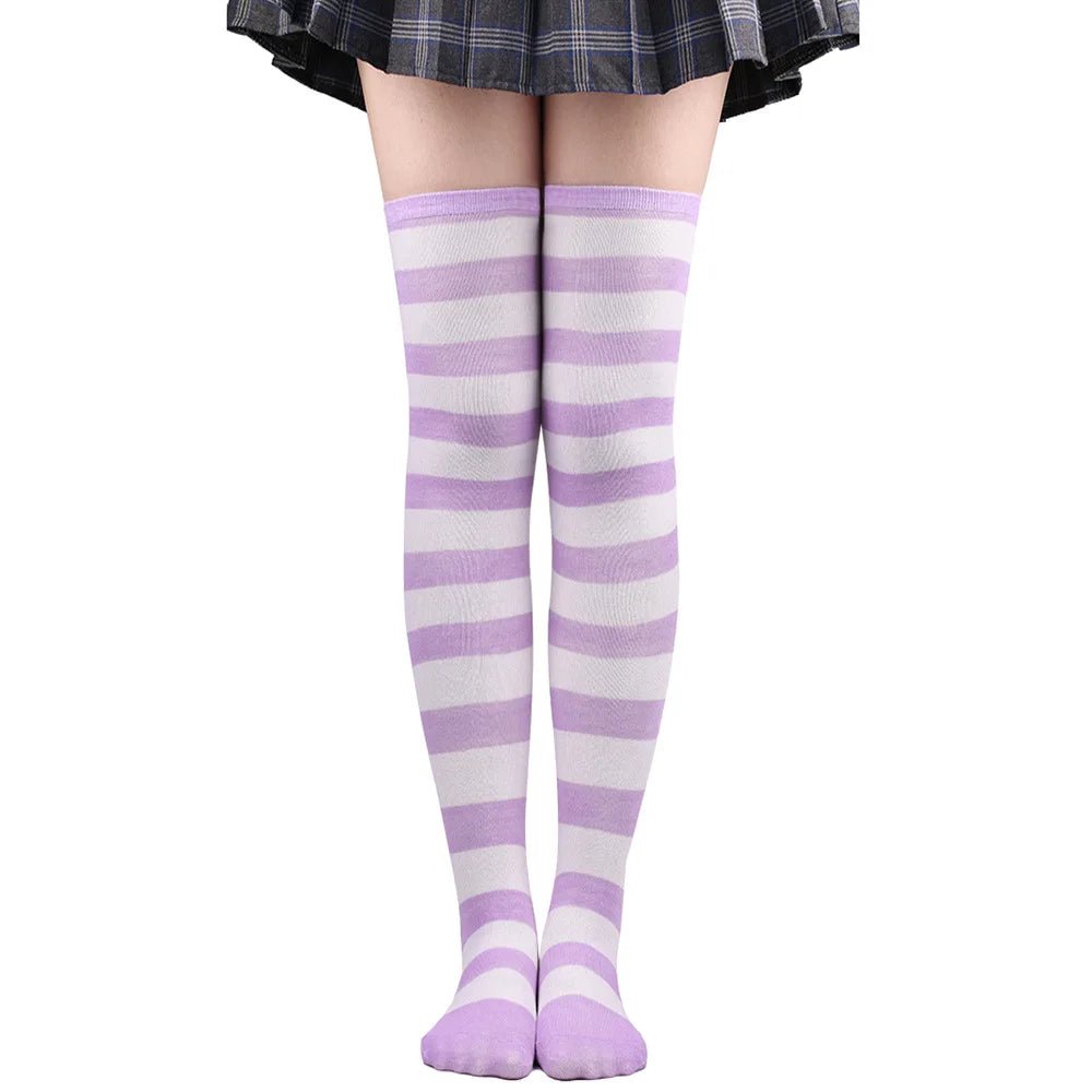 Women's Striped Thigh High Stockings | Black, White & Pink Over - Knee Lolita Harajuku Y2K Socks - G - Catoure Women's Striped Thigh High Stockings | Black, White & Pink Over - Knee Lolita Harajuku Y2K Socks